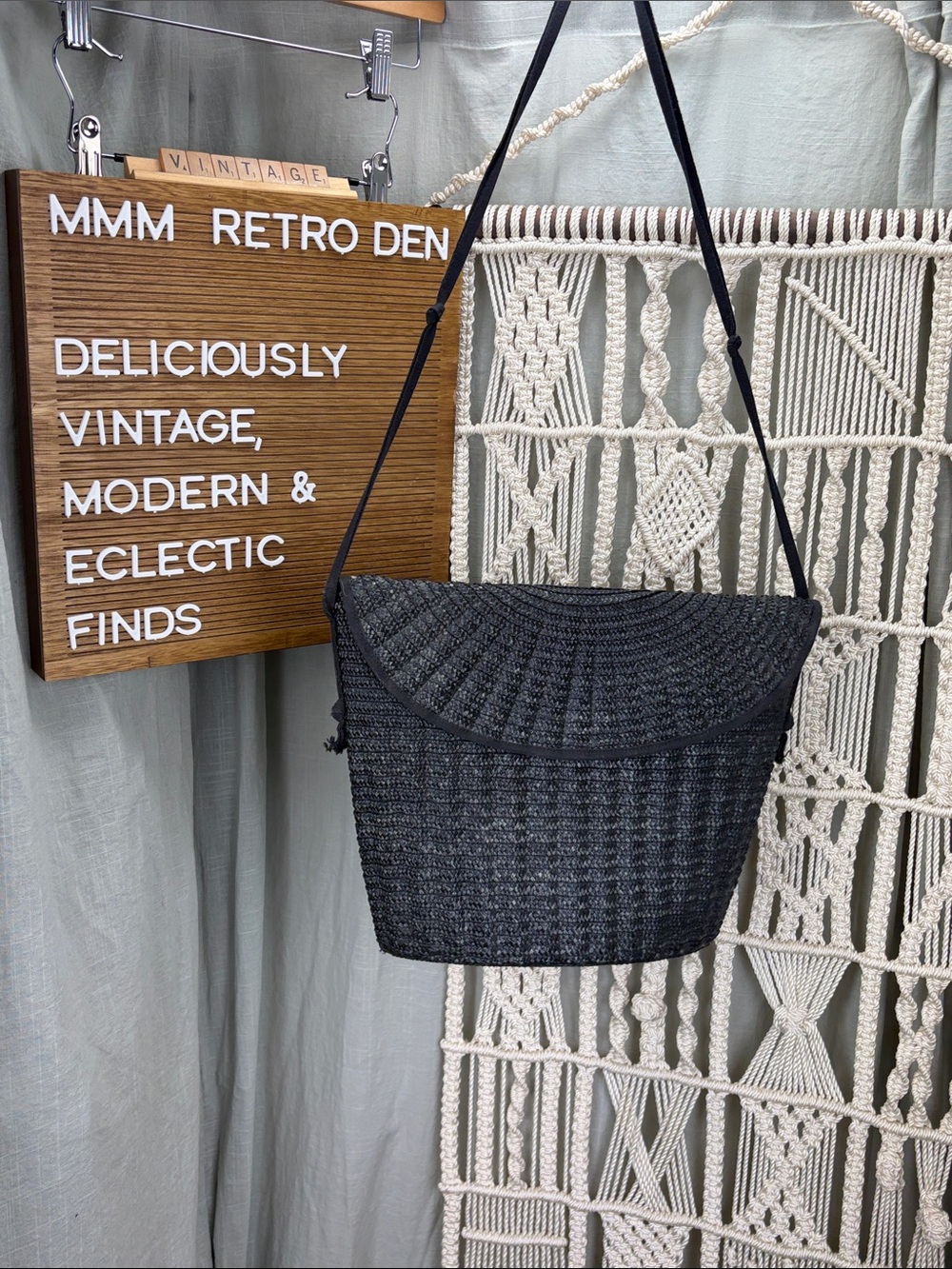 Vintage Italian Black Woven Raffia Crossbody Bag